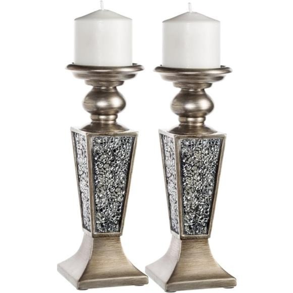 Schonwerk Pillar Candle Holder Set of 2-Crackled Mosaic Design-Home Coffee Table - Picture 1 of 7
